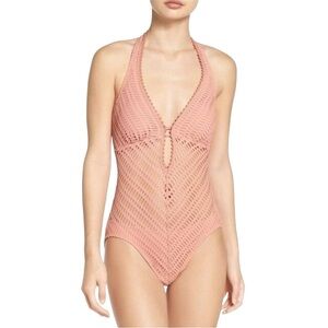 NWOT Robin Piccone Sophia Crochet One Piece Swimsuit In Pink Women’s Size 14